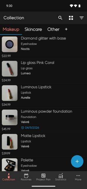 The Collection screen showing category tabs and a list of products
