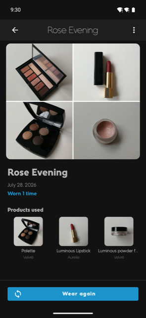 A saved look with photos, the products used, and a wear count