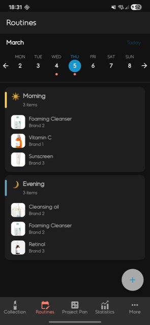 A morning routine with linked products and a weekly schedule